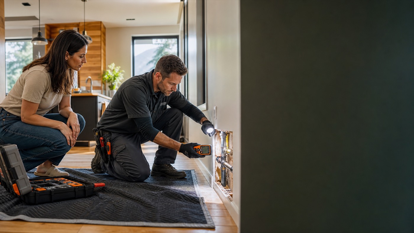Plumbing professional explaining a pipe inspection to a homeowner